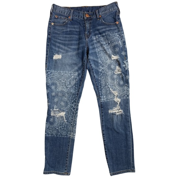 Distressed Boyfriend Jeans Bandana Patch True Religion Cameron Slim Women's 26 - Picture 2 of 16